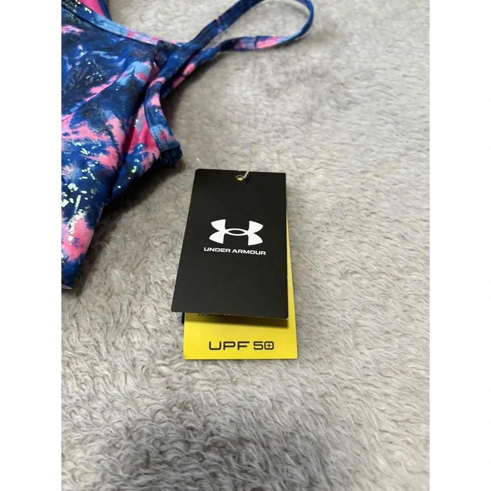 New Under‎ Armour Girls 12 Photon Blue Pink Swim Suit Top Only UPF 50 - Picture 3 of 9